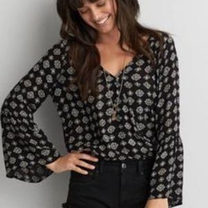 Black Wrap Top with Bell Sleeves